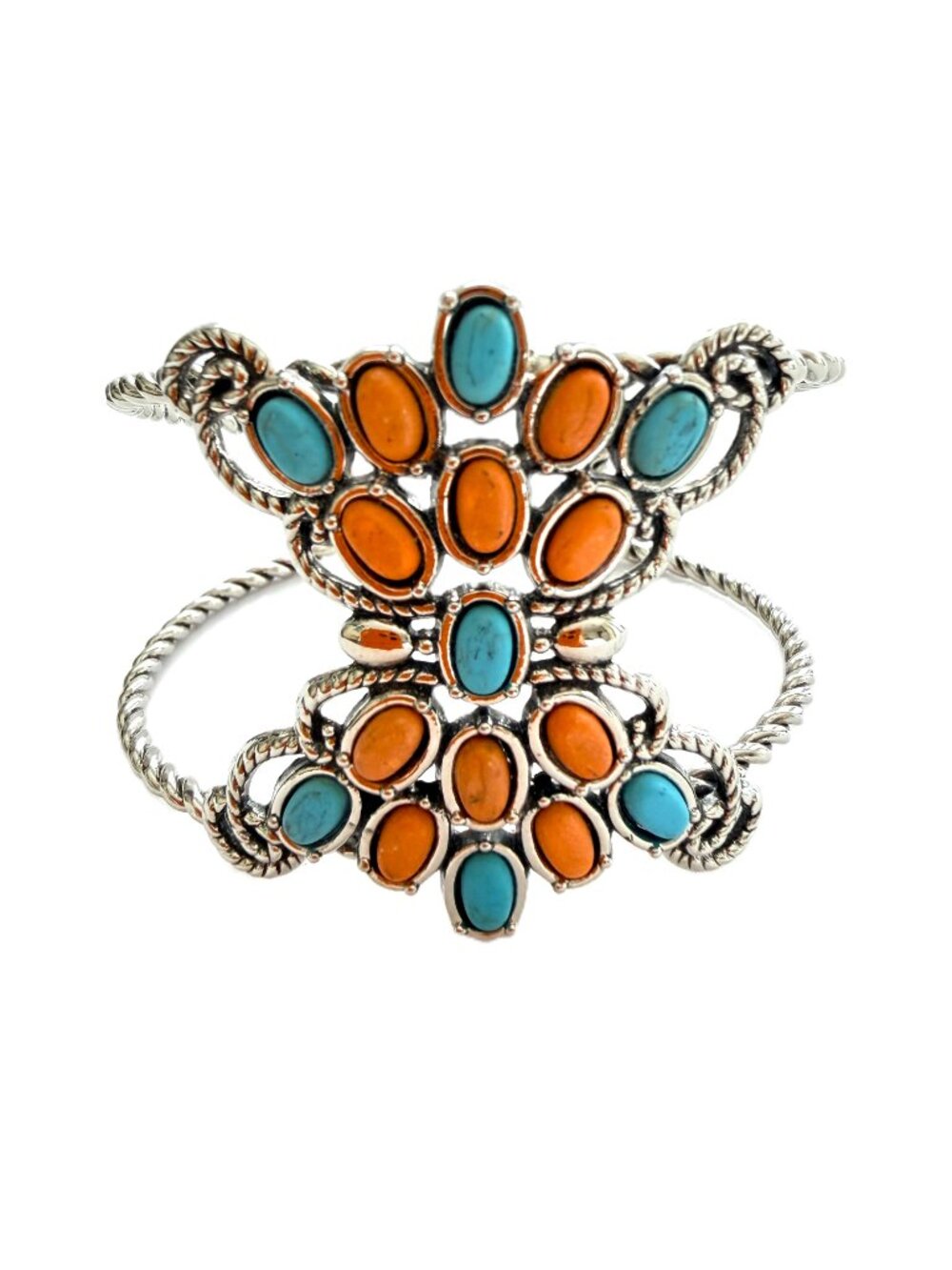 Vintage Boho Silver Tone Large Faux Jasper Acrylic Stretch Cuff Bracelet